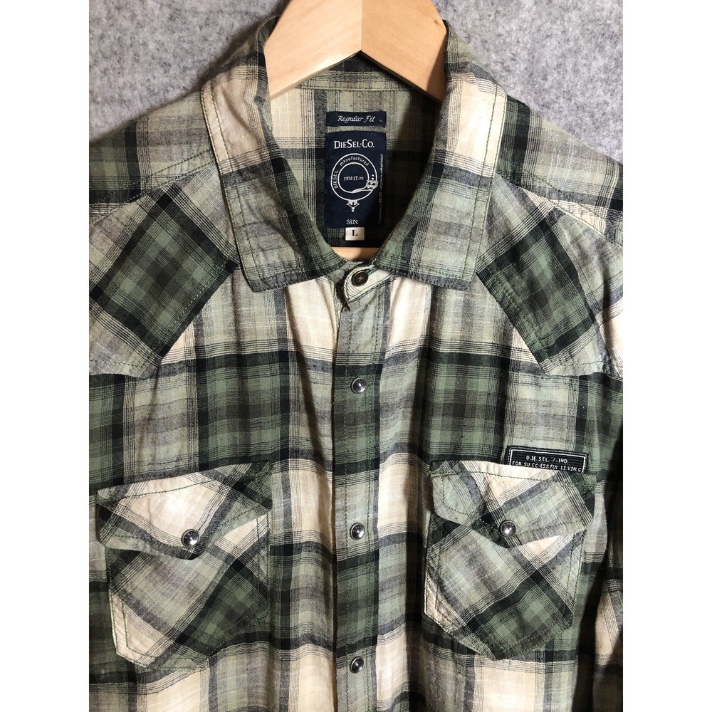Diesel Shirt Large Green Plaid Pearl Snap Button Down Long Sleeve Western Rodeo